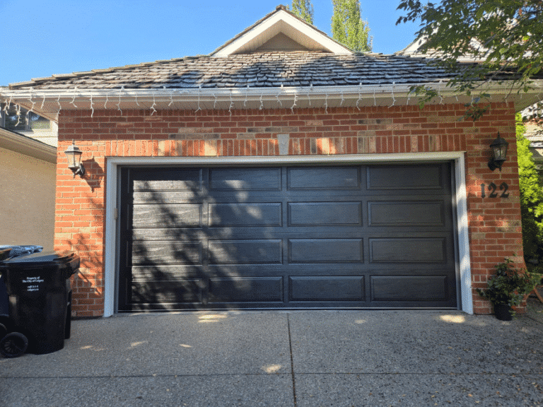Black double garage door with raised panels.